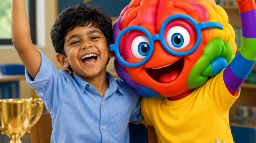Be Brainy Mascot celebrating success with kid